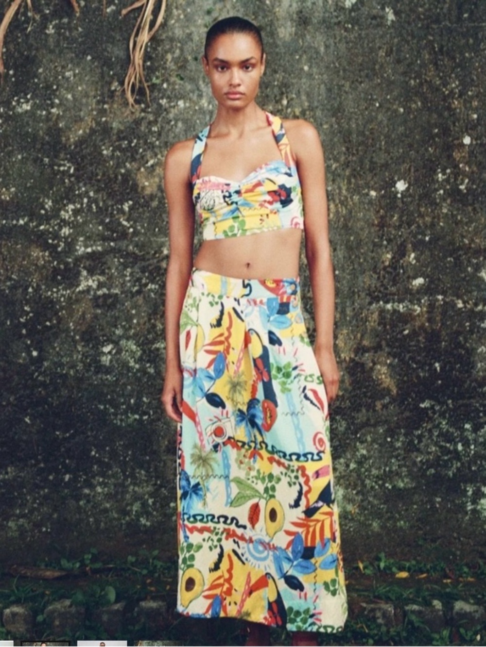 New Zara Tropical Print Midi Skirt in Yellow, Blue, Red & Green